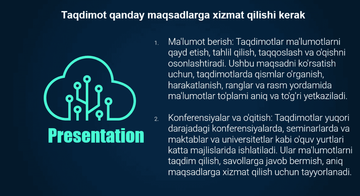 Taqdimot dasturlari (Power point, prezi, focusky va boshqalar) da taqdimot tayyorlash