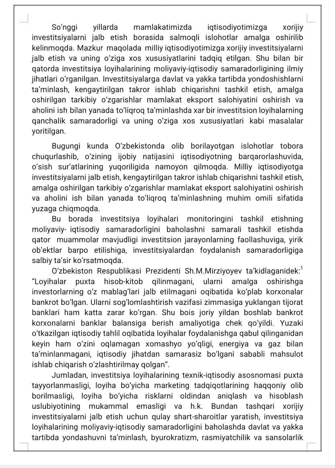 INVESTITSIYA LOYIHALARI SAMARADORLIGI