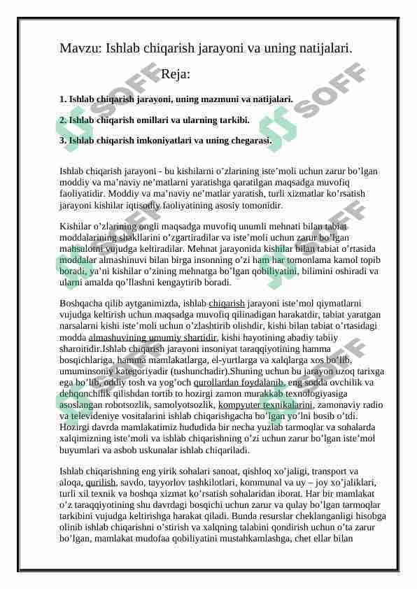 Ishlab chiqarish jarayoni va uning natijalari.