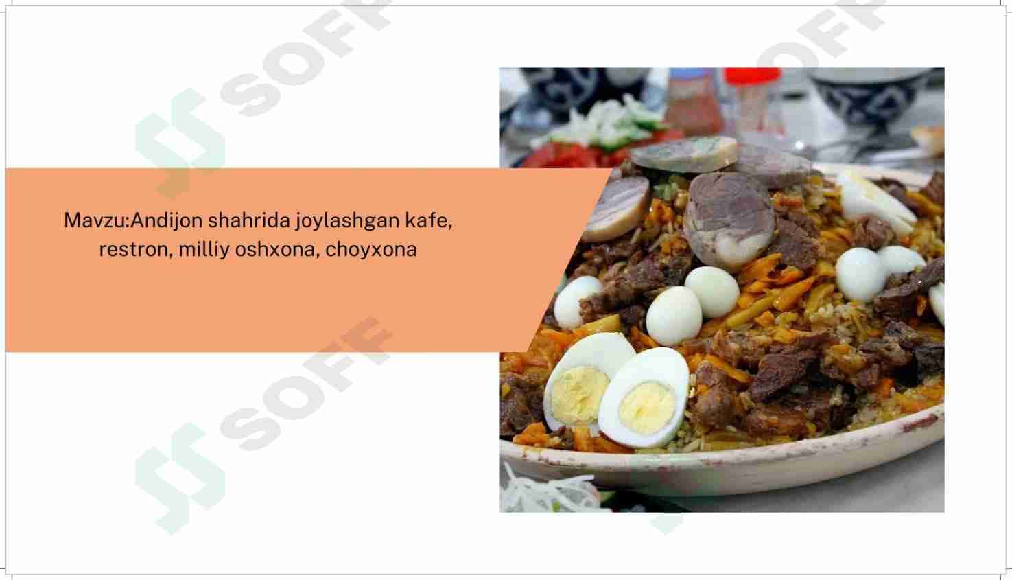 Andijon shahrida joylashgan kafe, milliy oshxona, choyxonalar