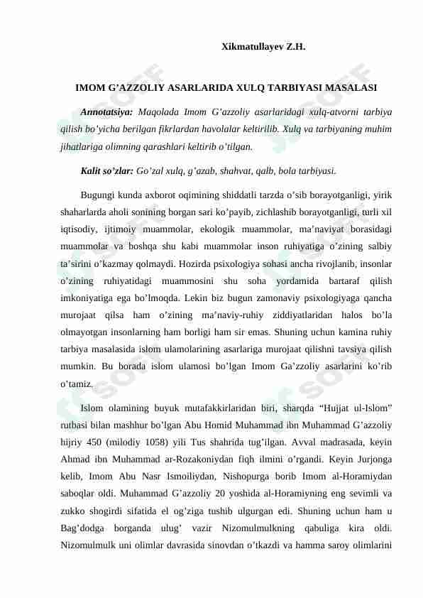IMOM G’AZZOLIY ASARLARIDA XULQ TARBIYASI MASALASI
