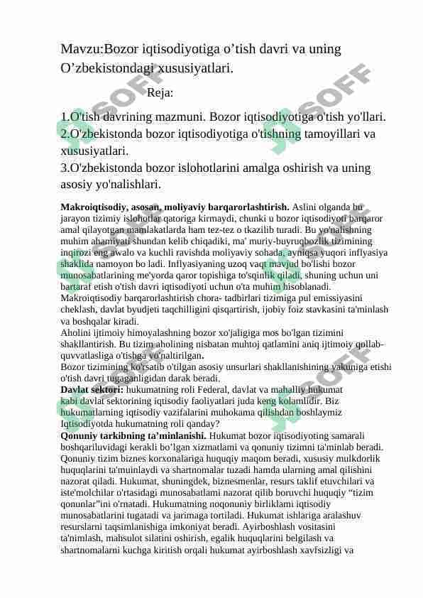 Bozor iqtisodiyotiga o’tish davri