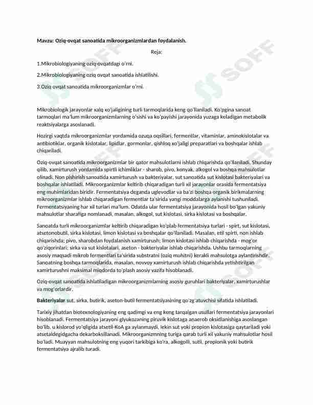 Oziq ovqat sanoatida mikroorganizmlarlardan foydalanish.