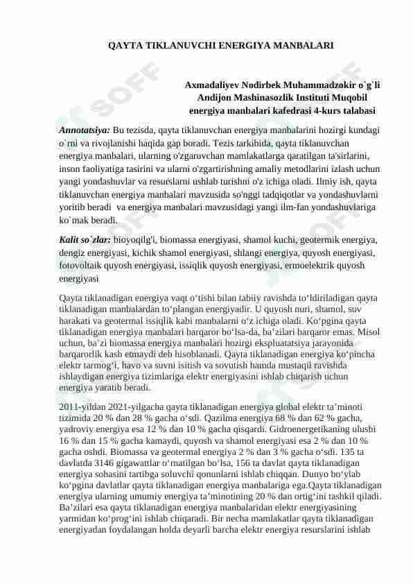 QAYTA TIKLANUVCHI ENERGIYA MANBALARI
