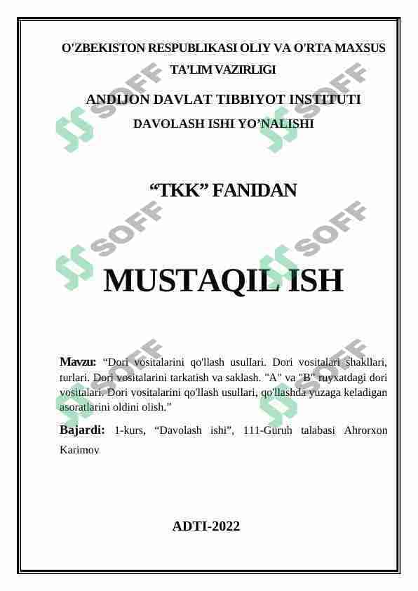 Dori vositalarini qo'llash usullari. Dori vositalari shakllari, turlari. Dori vositalarini tarkatish va saklash. "A" va "B" ruyxatdagi dori vositalari. Dori vositalarini qo'llash usullari, qo'llashda yuzaga keladigan asoratlarini oldini olish