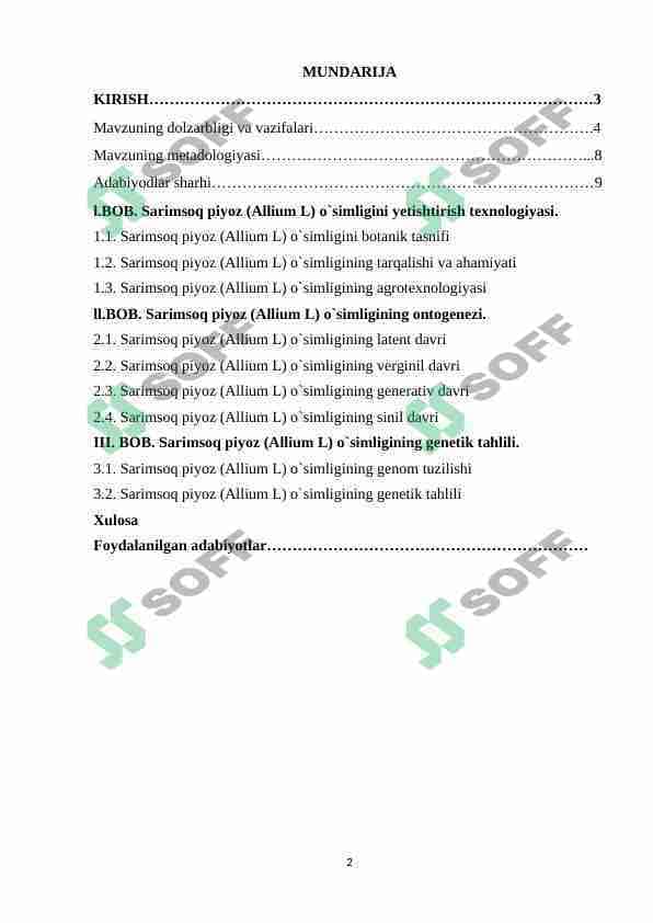 SARIMSOQ PIYOZ (ALLIUM L) O`SIMLIGINING ONTOGENEZI VA GENETIK TAHLILI