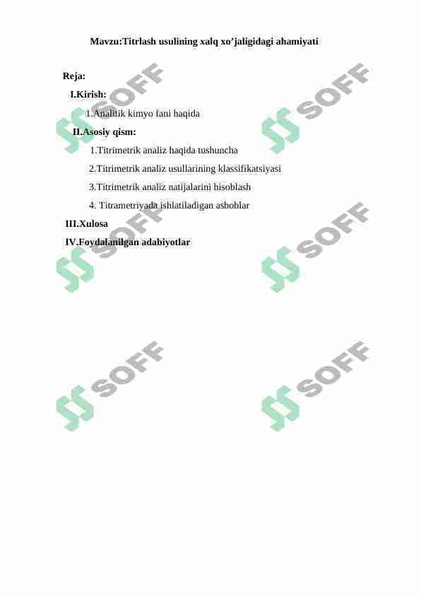 Titrlash usulining xalq xo’jaligidagi ahamiyati