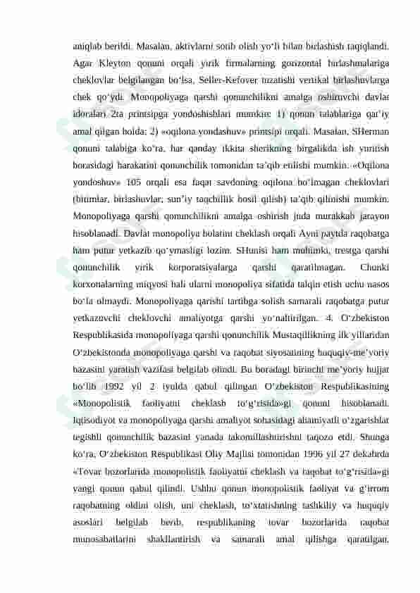 ZAMONAVIY BOZOR SHAROITIDA OLIGOPOLIYANING O`RNI