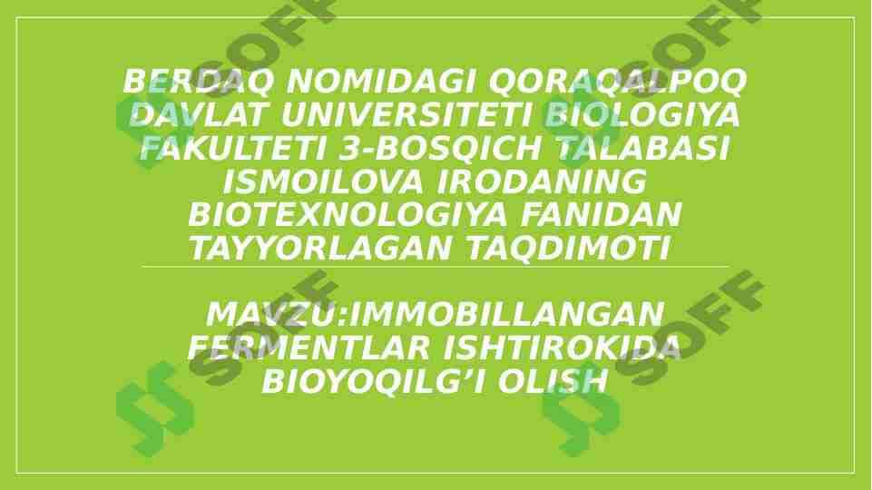 Immobillangan fermentlar ishtirokida bioyoqilg’i olish