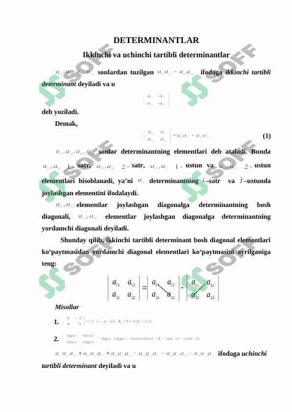 DETERMINANTLAR. Ikkinchi va uchinchi tartibli determinantlar