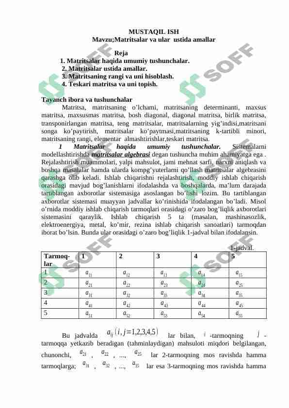 Matritsalar va ular ustida amallar