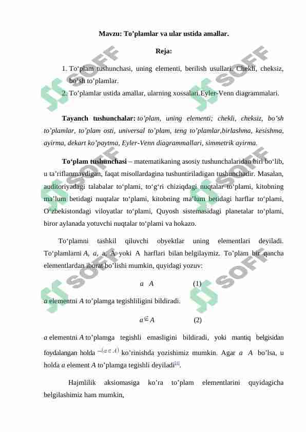 to'plamlar va ular ustida amallar