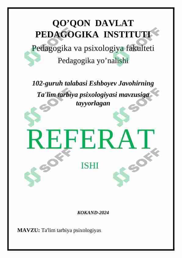 Ta'lim tarbiya psixologiyasi (REFERAT-4798 so'zli)