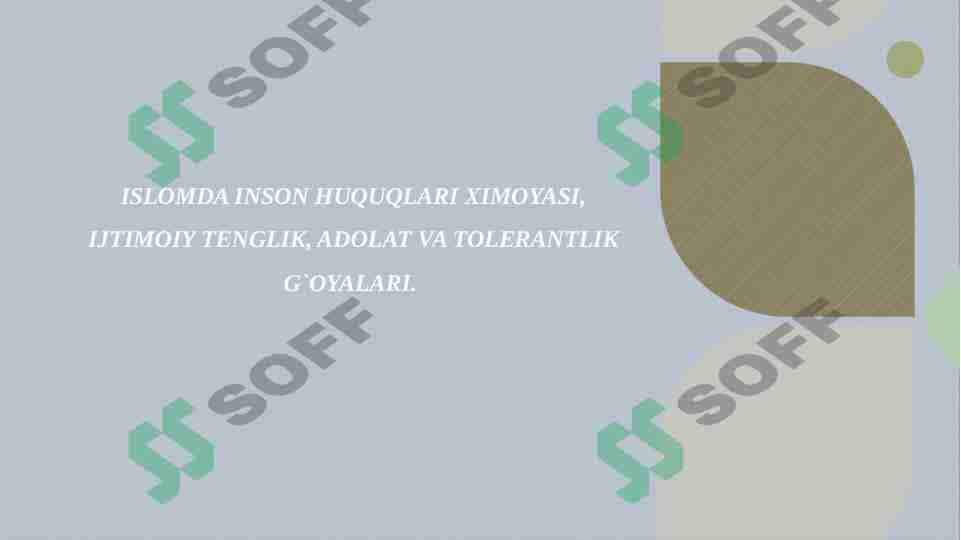 ISLOMDA INSON HUQUQLARI XIMOYASI,IJTIMOIY TENGLIK, ADOLAT VA TOLERANTLIK G`OYALARI.