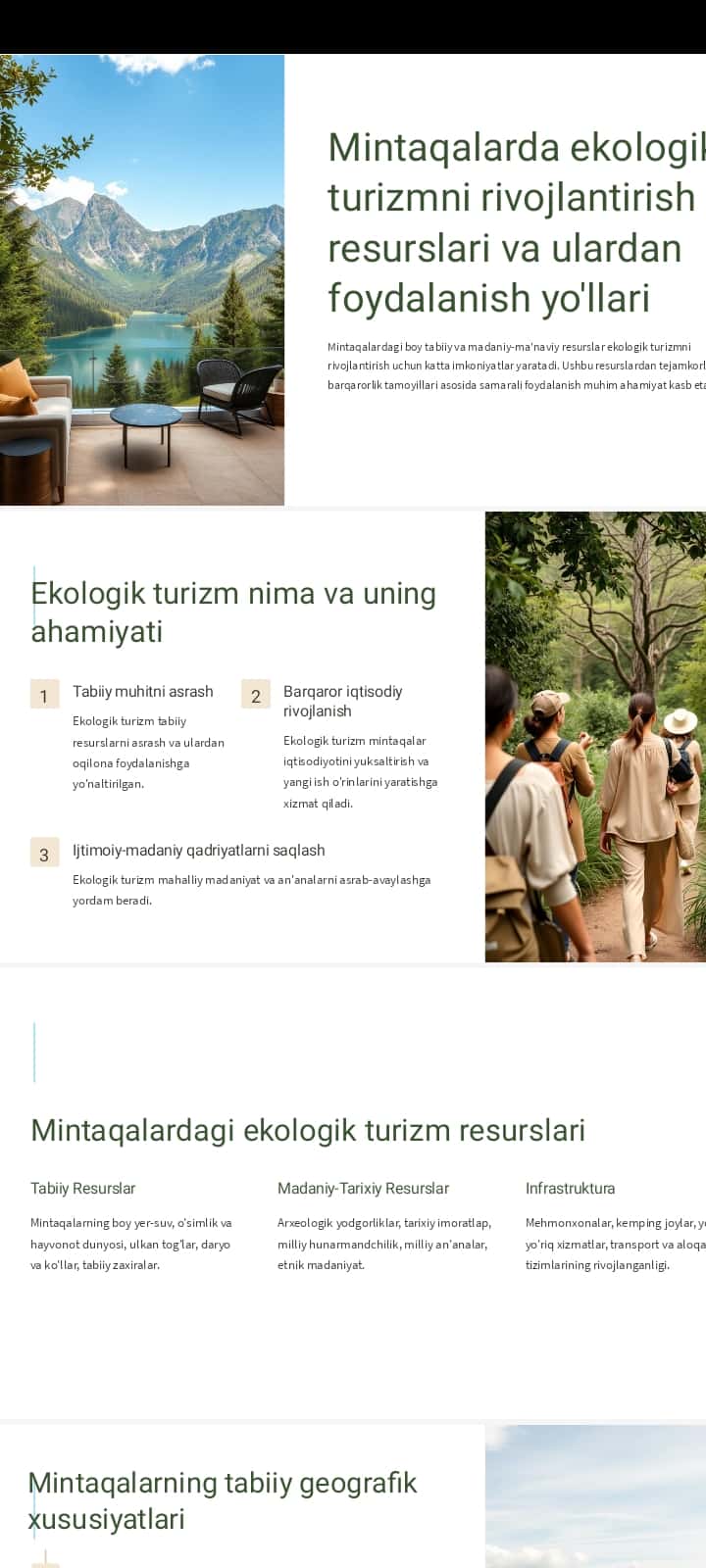 Mintaqalarda ekologik turizmni rivojlantirish resurslari va ulardan foydalanish yo'llari