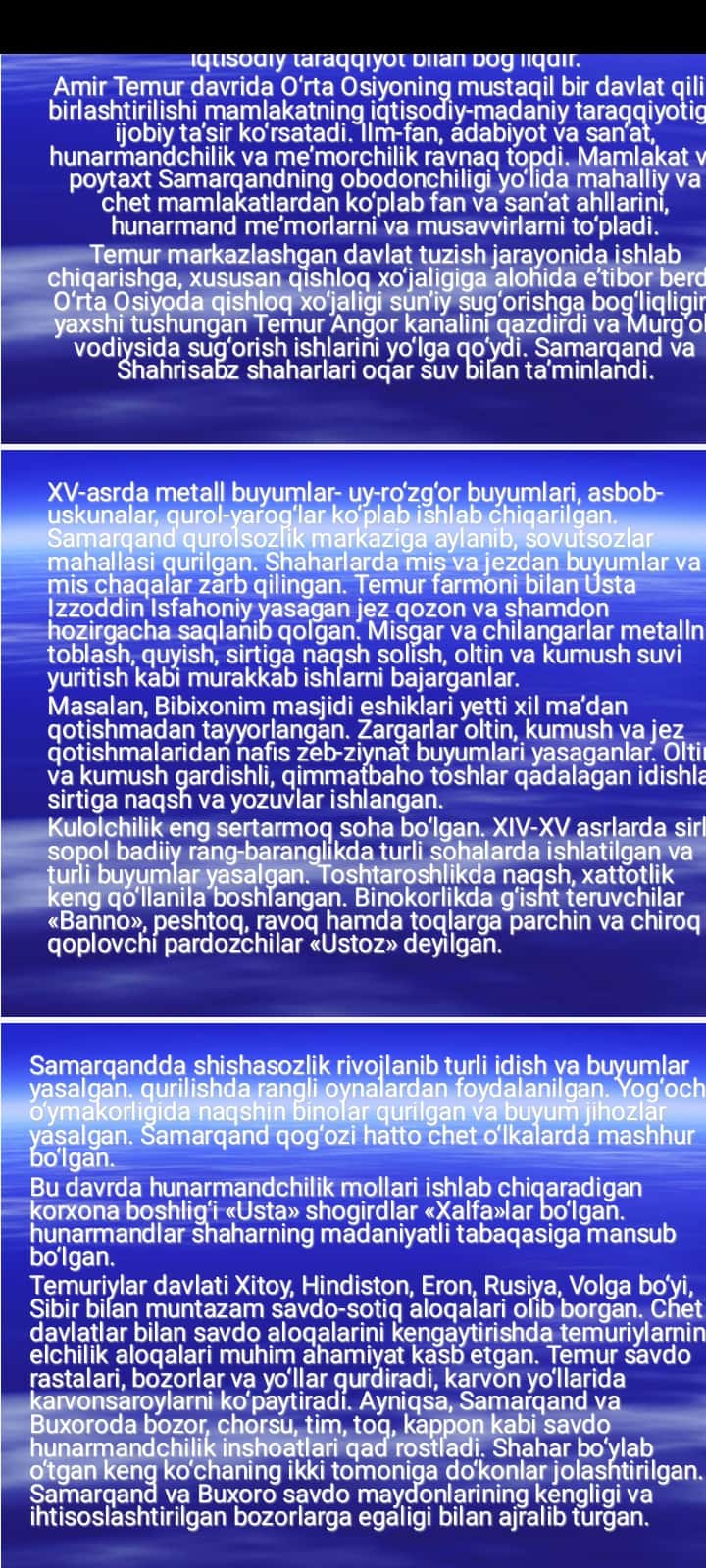 1. Temur va temuriylar davlatining ijtimoiy-iqtisodiy, madaniy-maishiy taraqqiyoti.