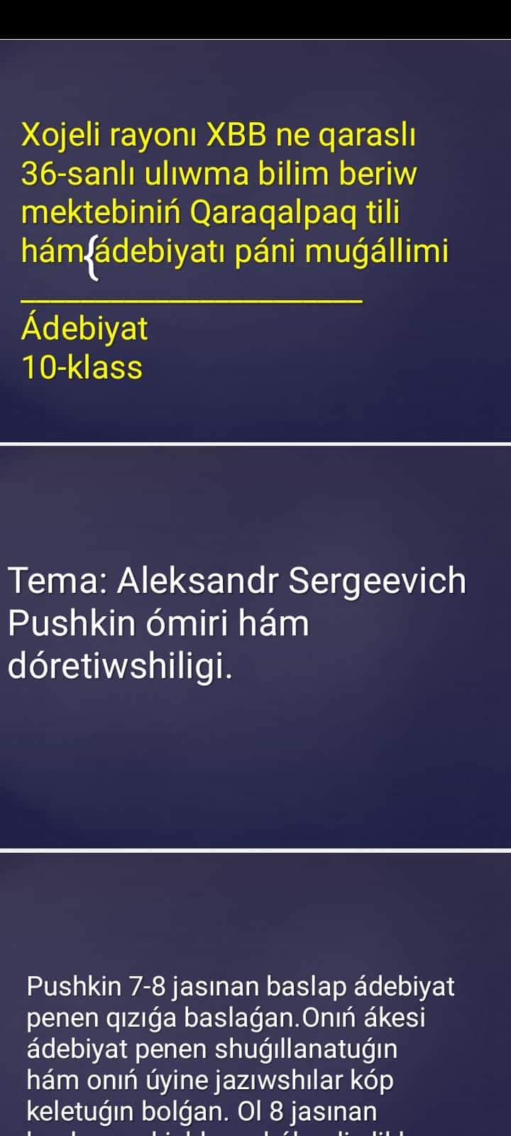 Aleksandr Sergeevich Pushkin ómiri hám dóretiwshiligi.