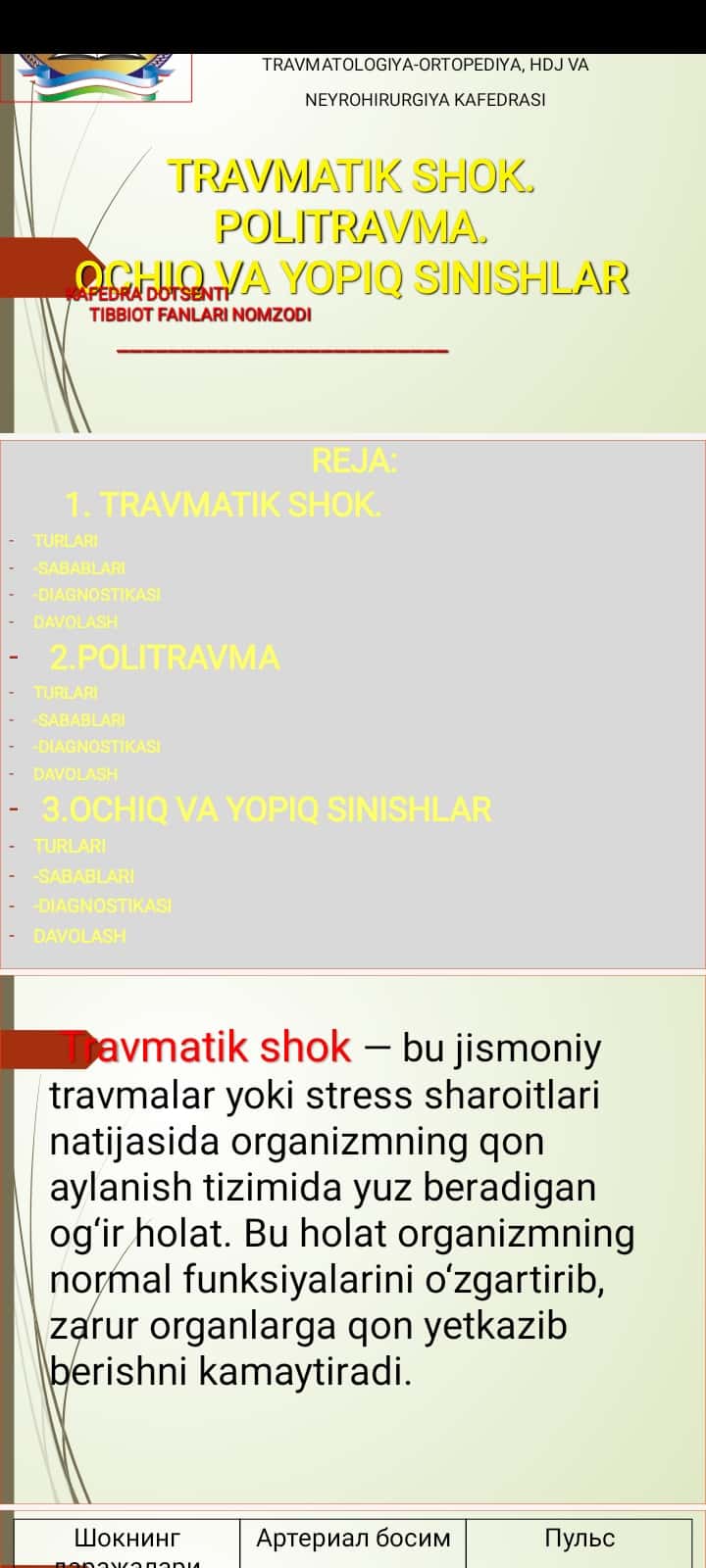 TRAVMATIK SHOK. POLITRAVMA. OCHIQ VA YOPIQ SINISHLAR