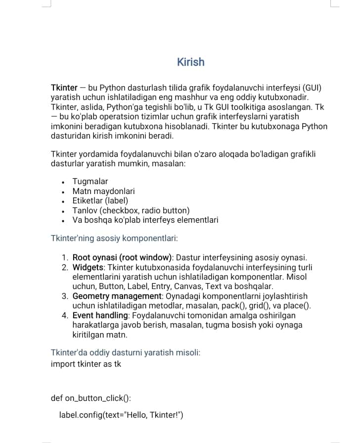 Tkinter kutubxonasi asosida ilovalar yaratish.