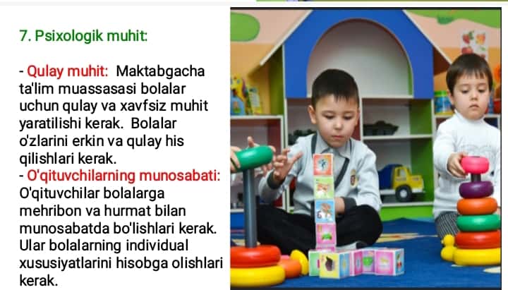 Maktabgacha ta'lim muassasalariga qo'yilgan umumiy gigiyenik talablar