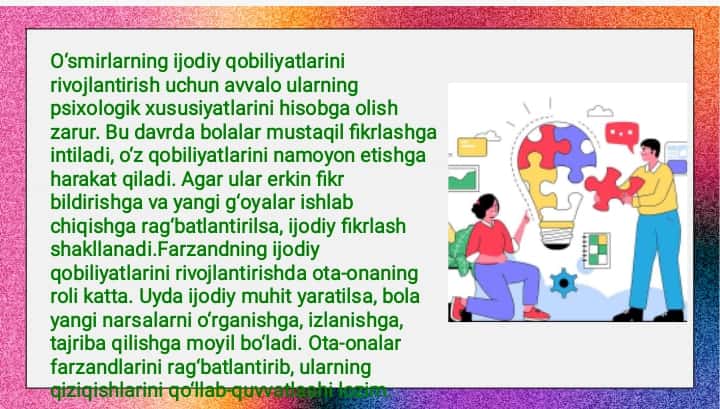 Oʻsmirlarning ijodiy qobiliyatlari va ularni amalga oshirish shartlari+10 ta test va Glossary