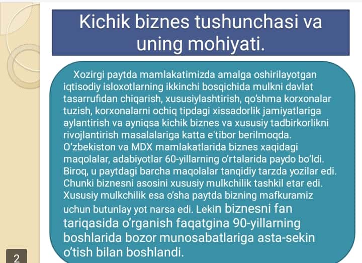 KICHIK BIZNES VA XUSUSIY TADBIRKORLIK mavzusida slayd