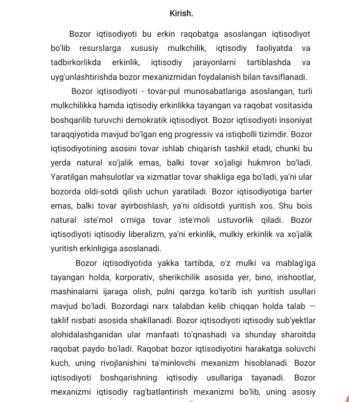 Mavzu: Bozor iqtisodiyoti, uning shakllanishi va bozor iqtisodiyotiga o`tish davri, uning xususiyatlari kurs ishi