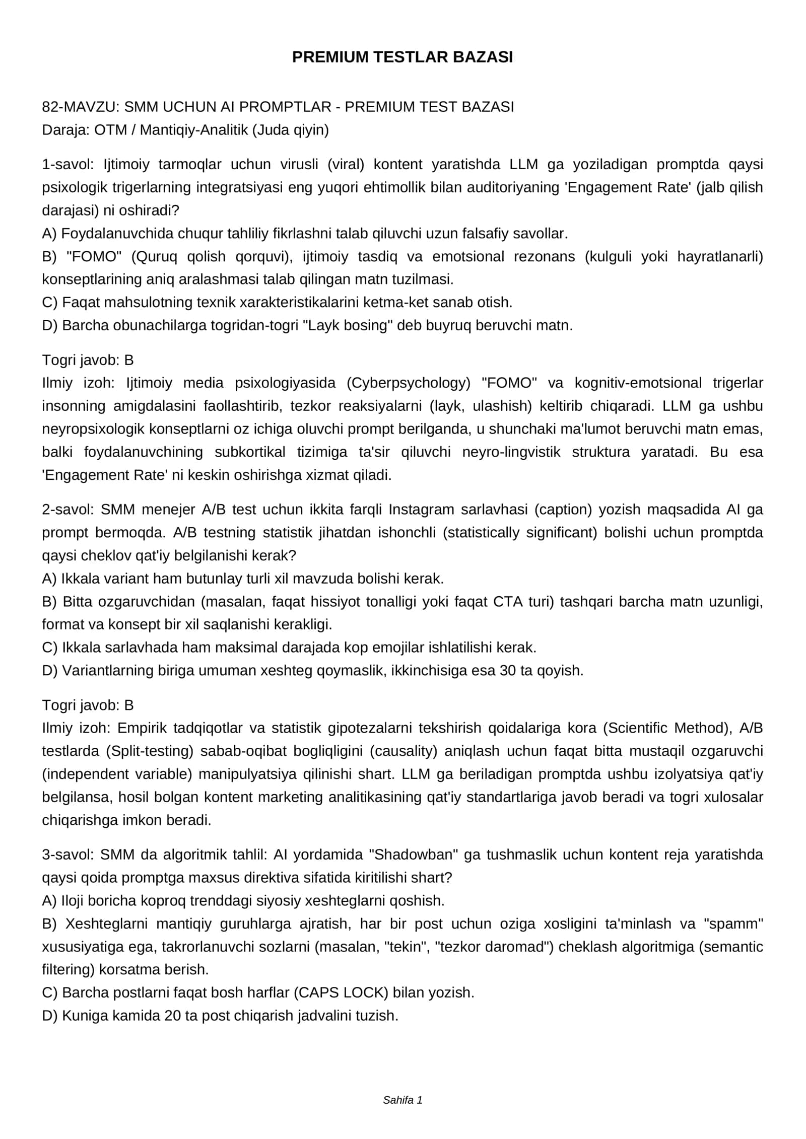 SMM UCHUN AI PROMPTLAR - PREMIUM TEST BAZASI