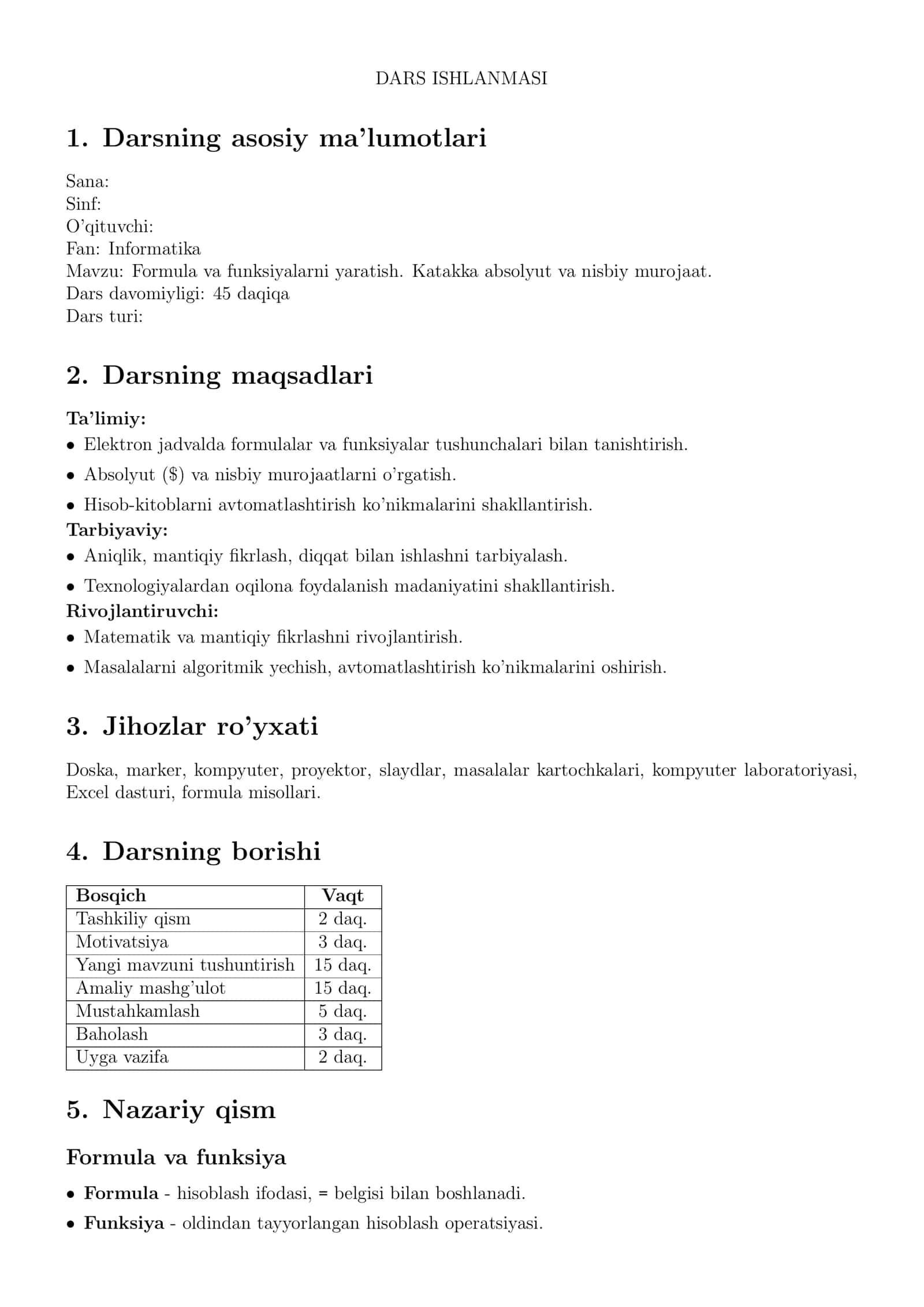 Formula va funksiyalarni yaratish. Katakka absolyut va nisbiy murojaat