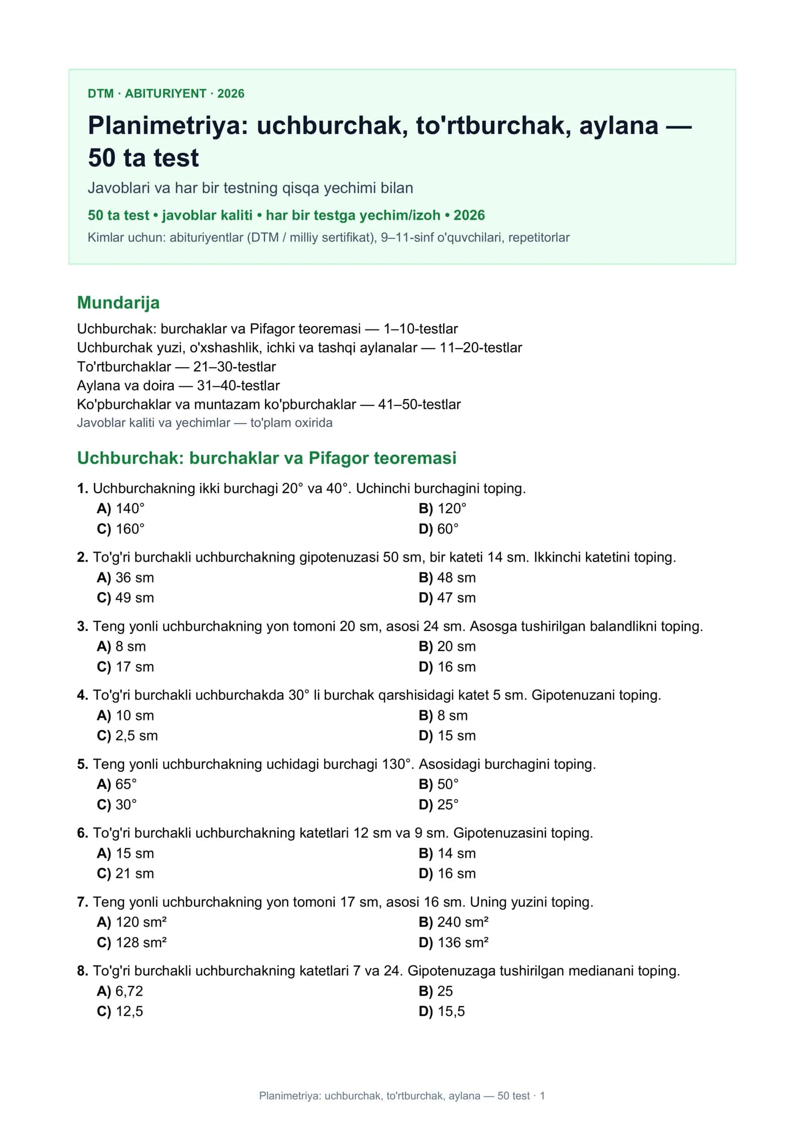 Planimetriya: uchburchak, to'rtburchak, aylana — 50 test · 1
