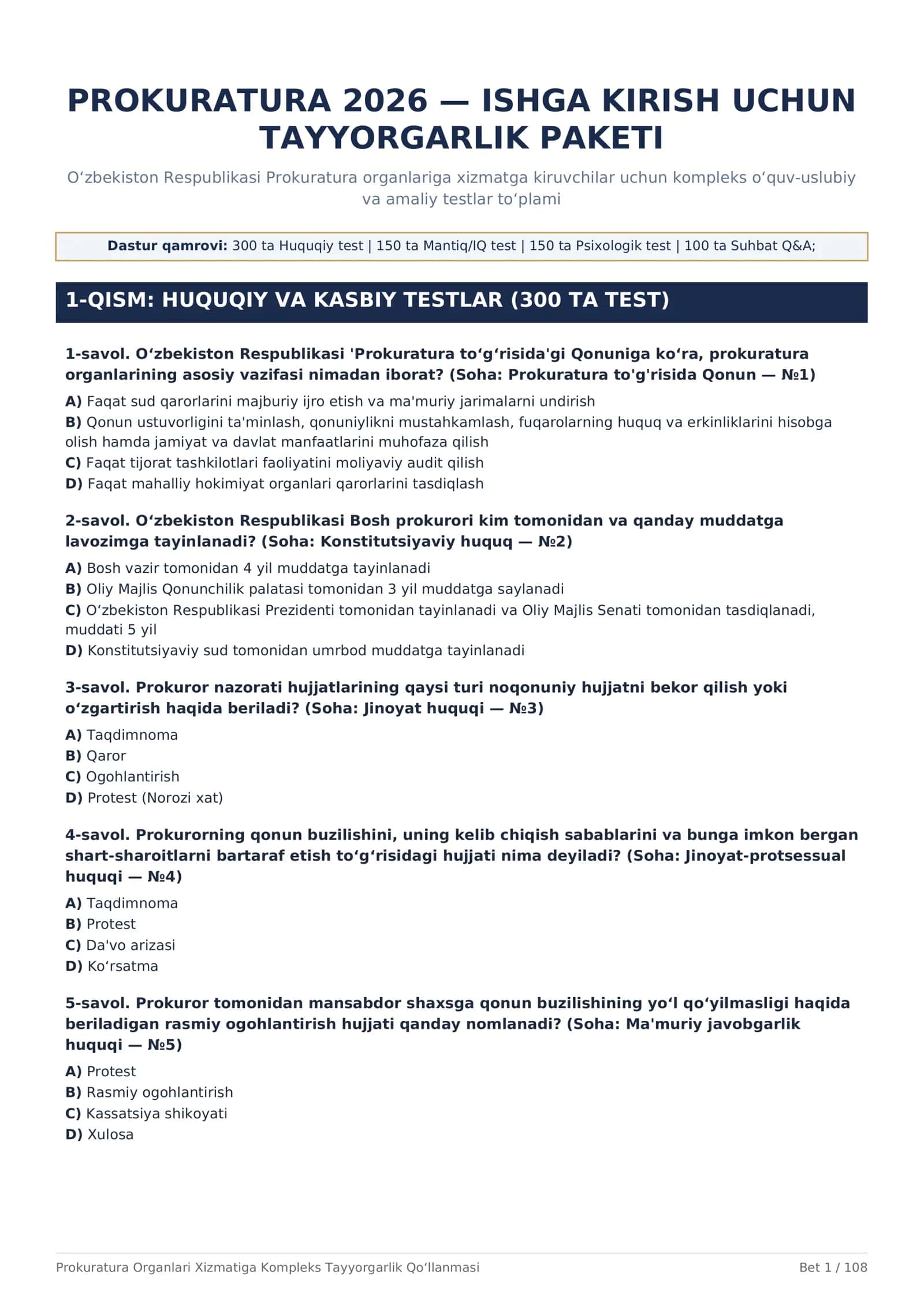 PROKURATURA 2026 — ISHGA KIRISH UCHUN TAYYORGARLIK PAKETI