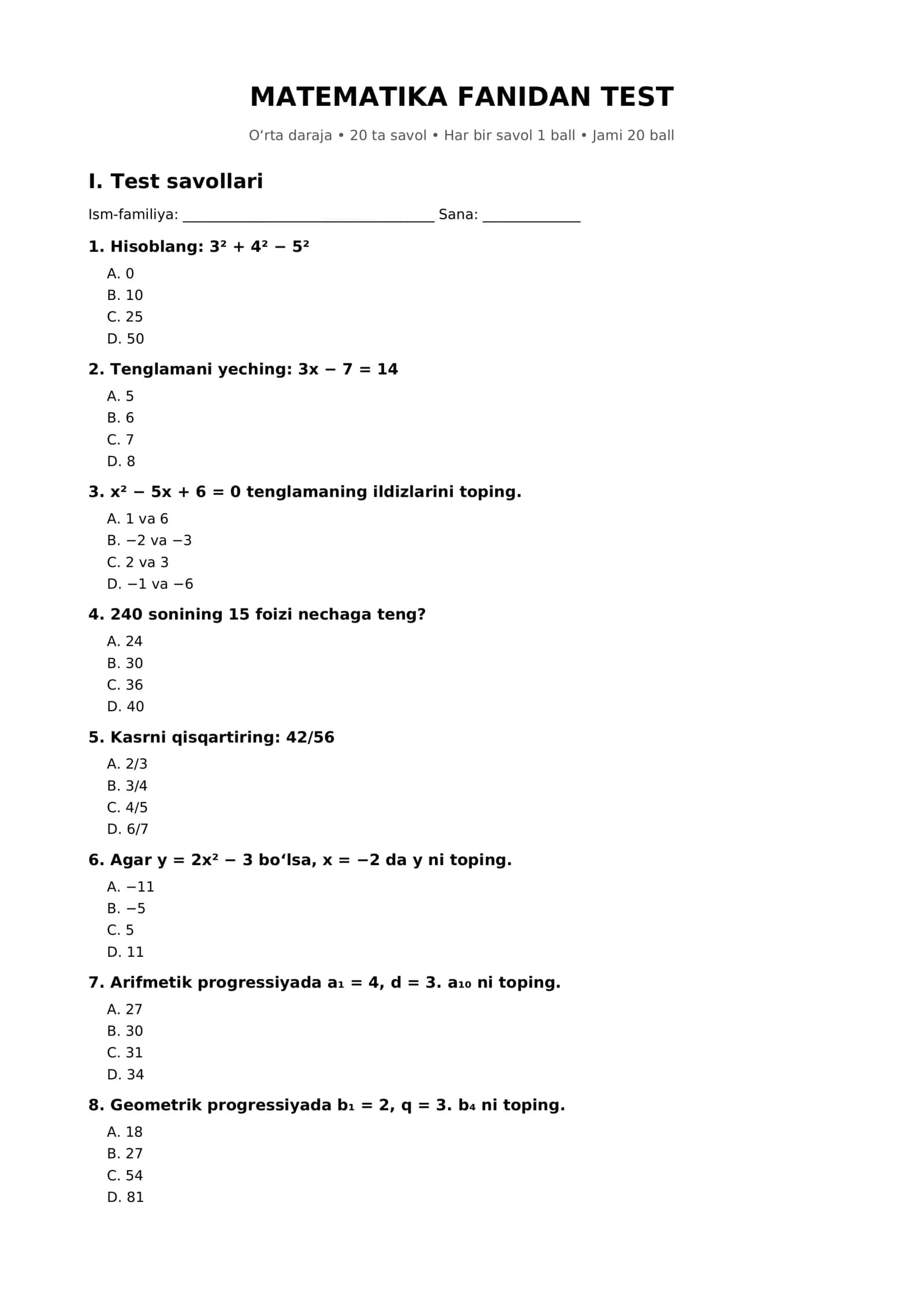 MATEMATIKA FANIDAN TEST