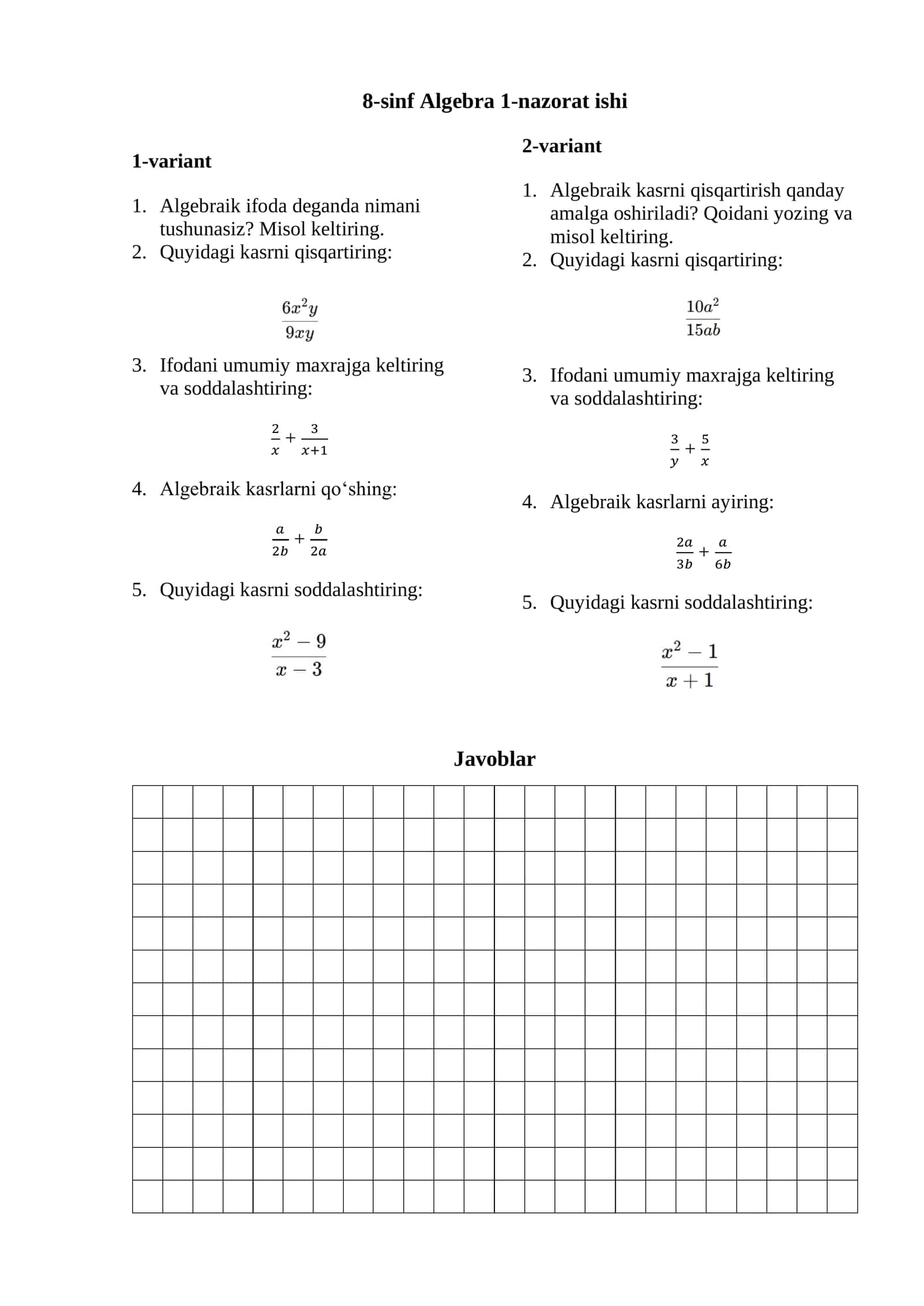 8-sinf Algebra nazorat ishi kitobchasi YANGI DARSLIK