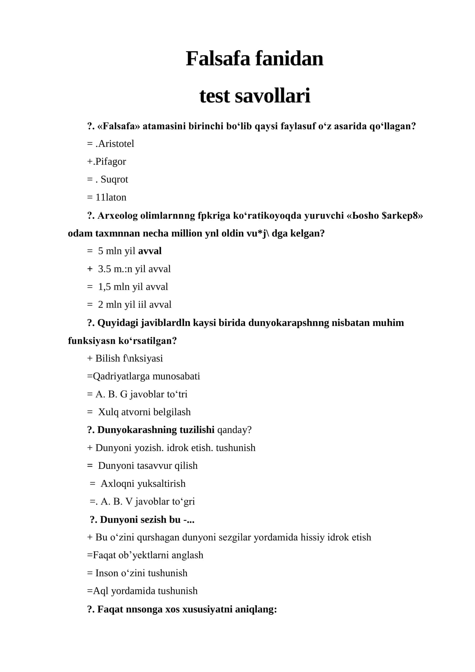 Falsafa fanidan test savollari