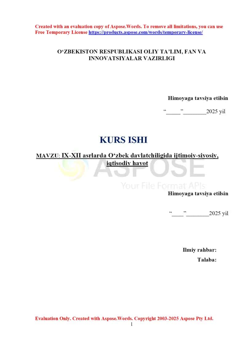 IX-XII Asrlarda O'zbek davlatchiligida ijtimoiy-siyosiy, iqtisodiy hayot