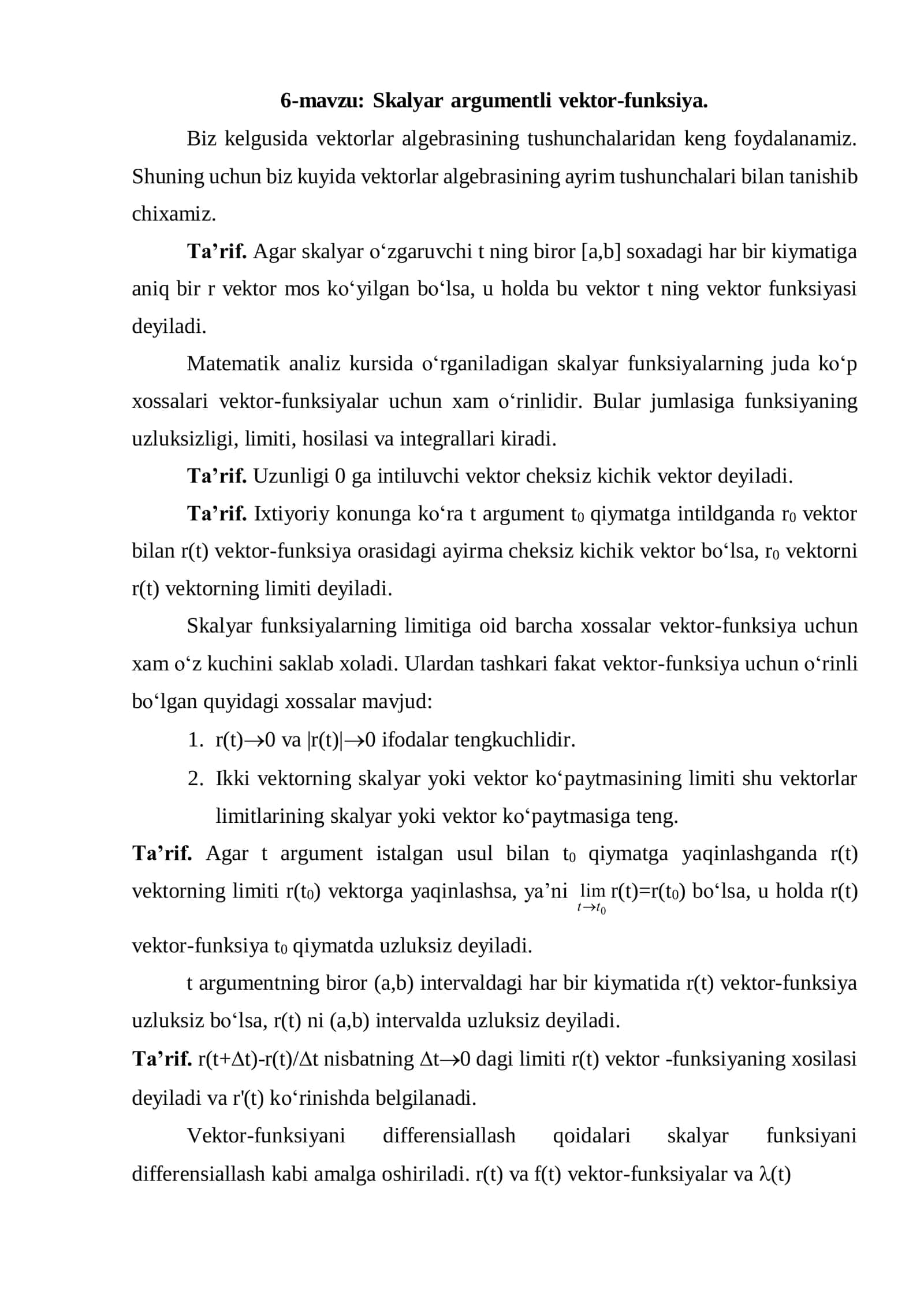 Skalyar argumentli vektor-funksiya
