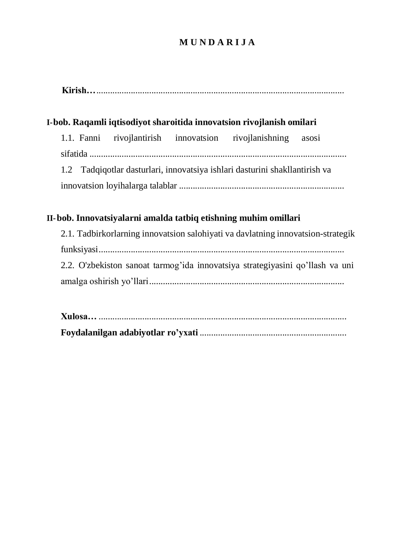RAQAMLI IQTISODIYOT SHAROITIDA INNOVATSION RIVOJLANISH OMILLARI KURS ISHI