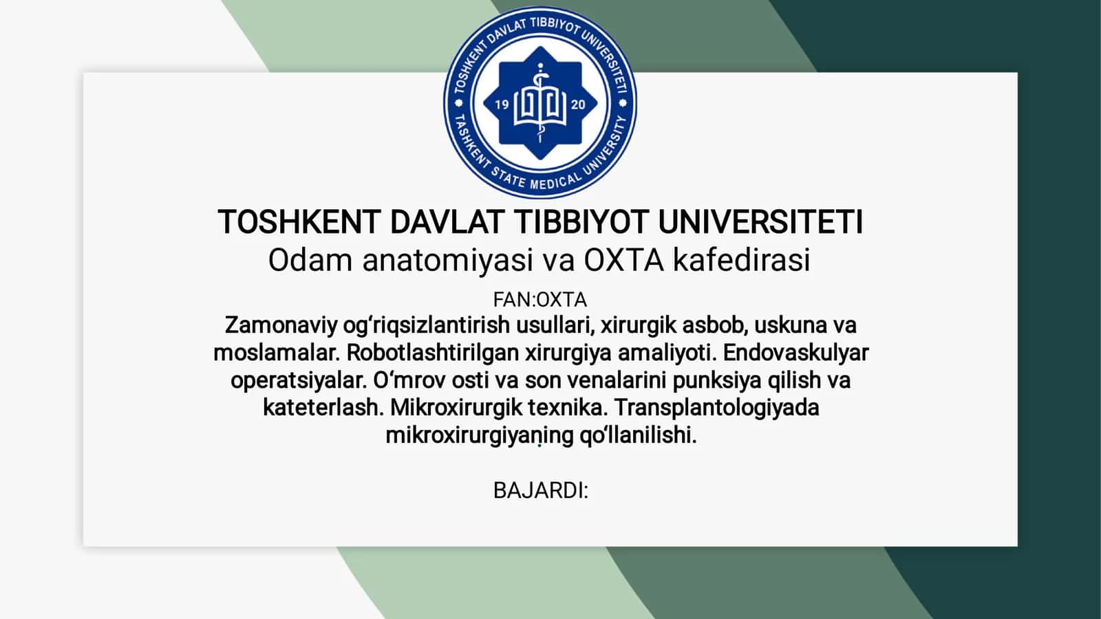 Odamlar anatomiyasi va OXTA tibbiyotiga kirish