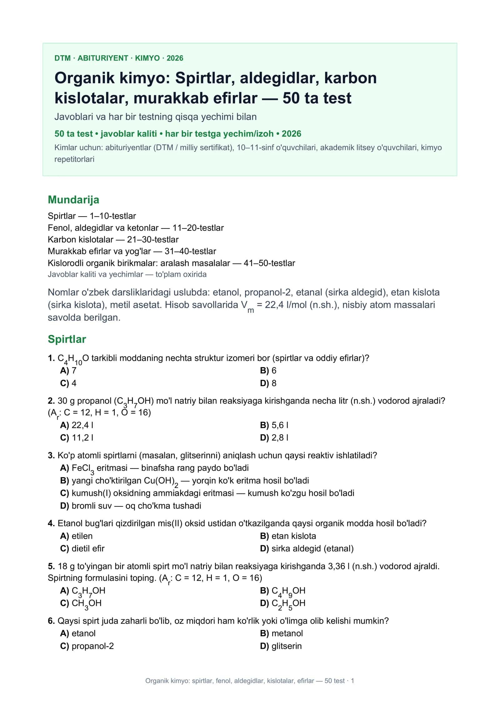Organik kimyo: spirtlar, fenol, aldegidlar, kislotalar, efirlar — 50 test · 1