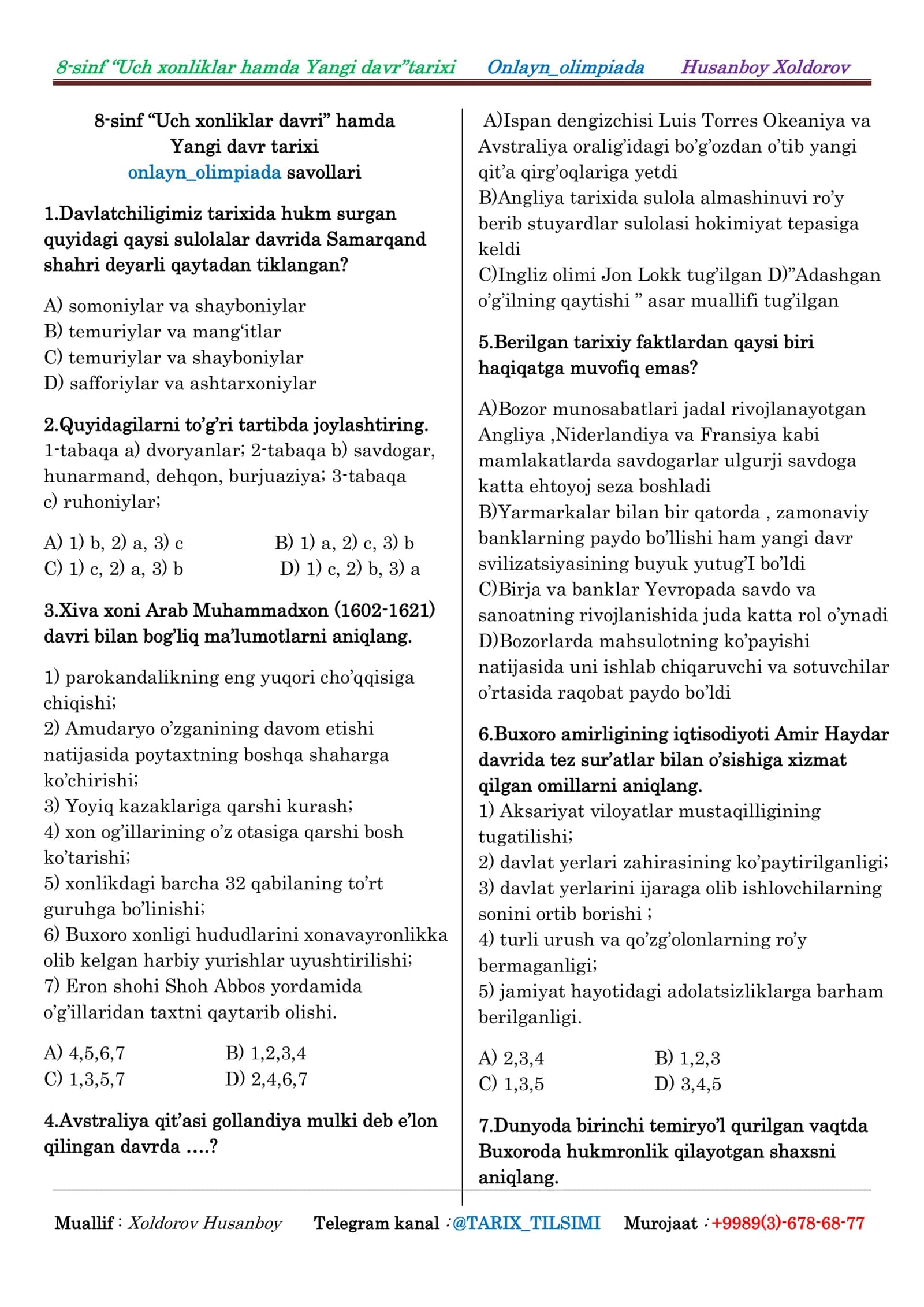 8-sinf “Uch xonliklar davri” hamda Yangi davr tarixi onlayn_olimpiada
