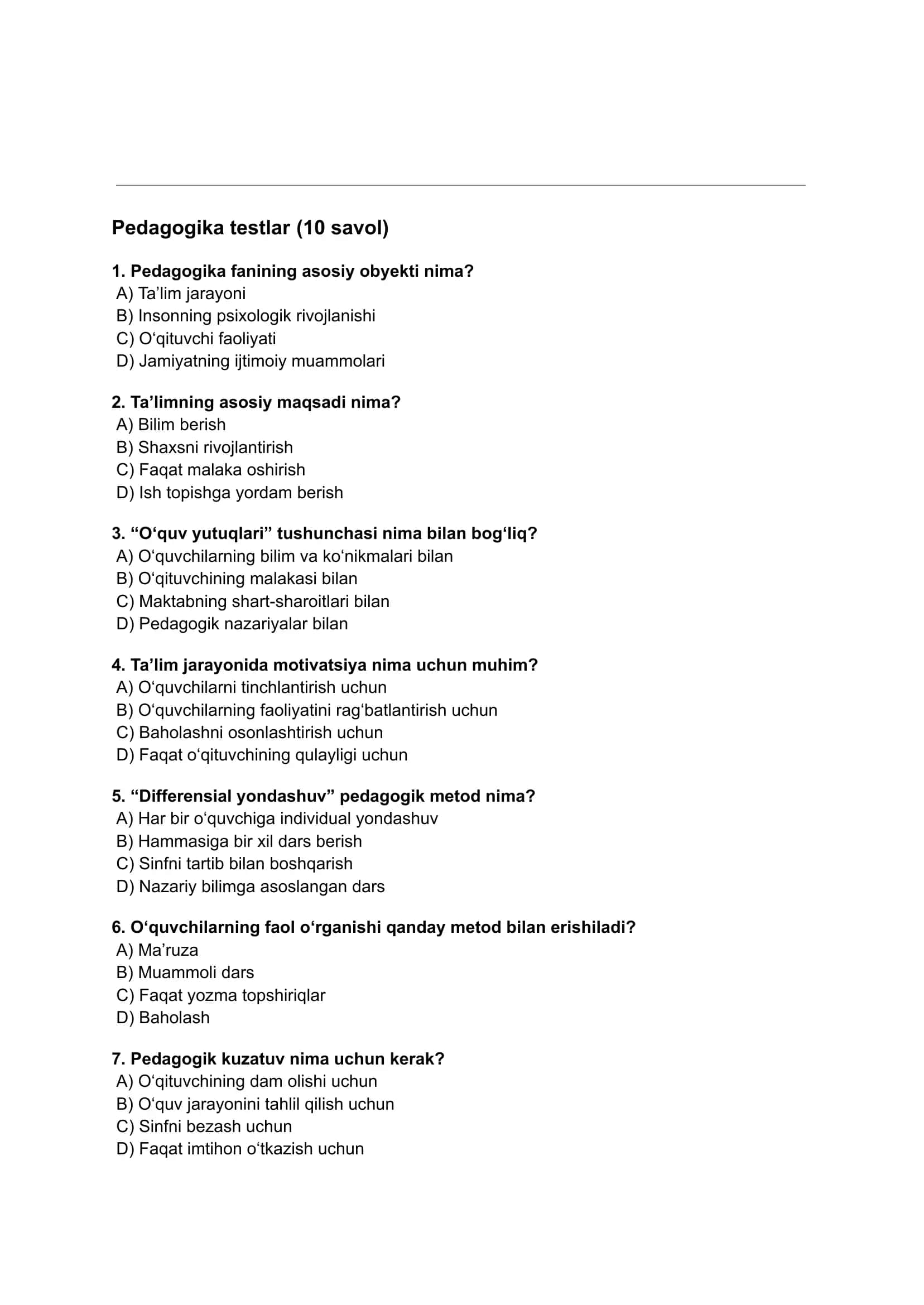 pedagogika testlar