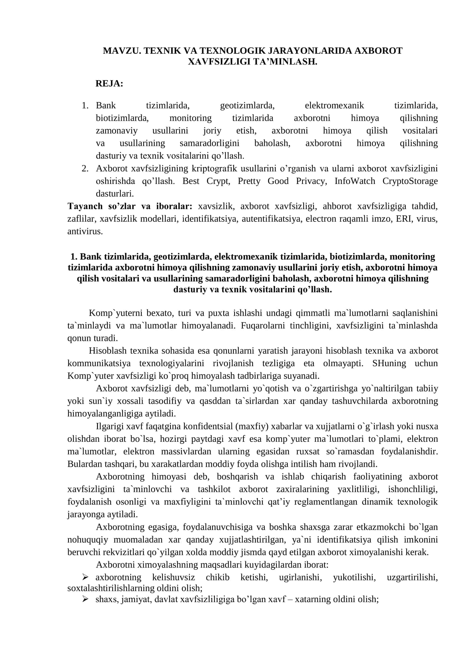 TEXNIK VA TEXNOLOGIK JARAYONLARIDA AXBOROT XAVFSIZLIGI TA’MINLASH