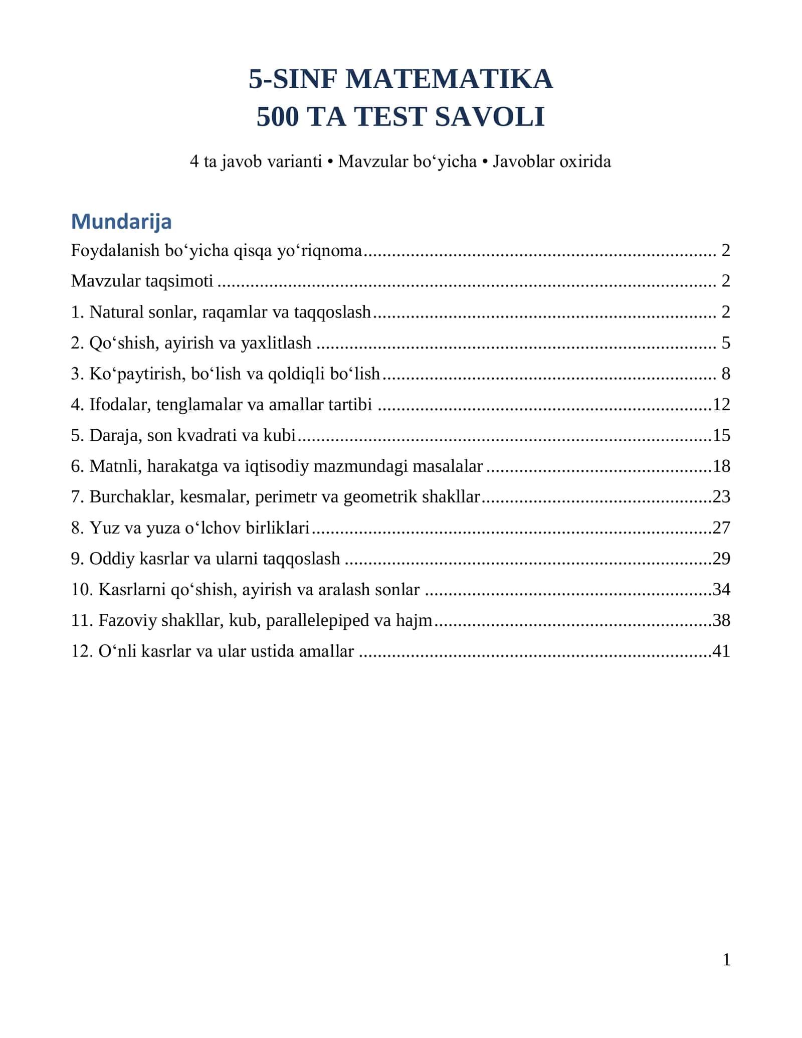 5-sinf matematika: 500 ta test javoblari bilan
