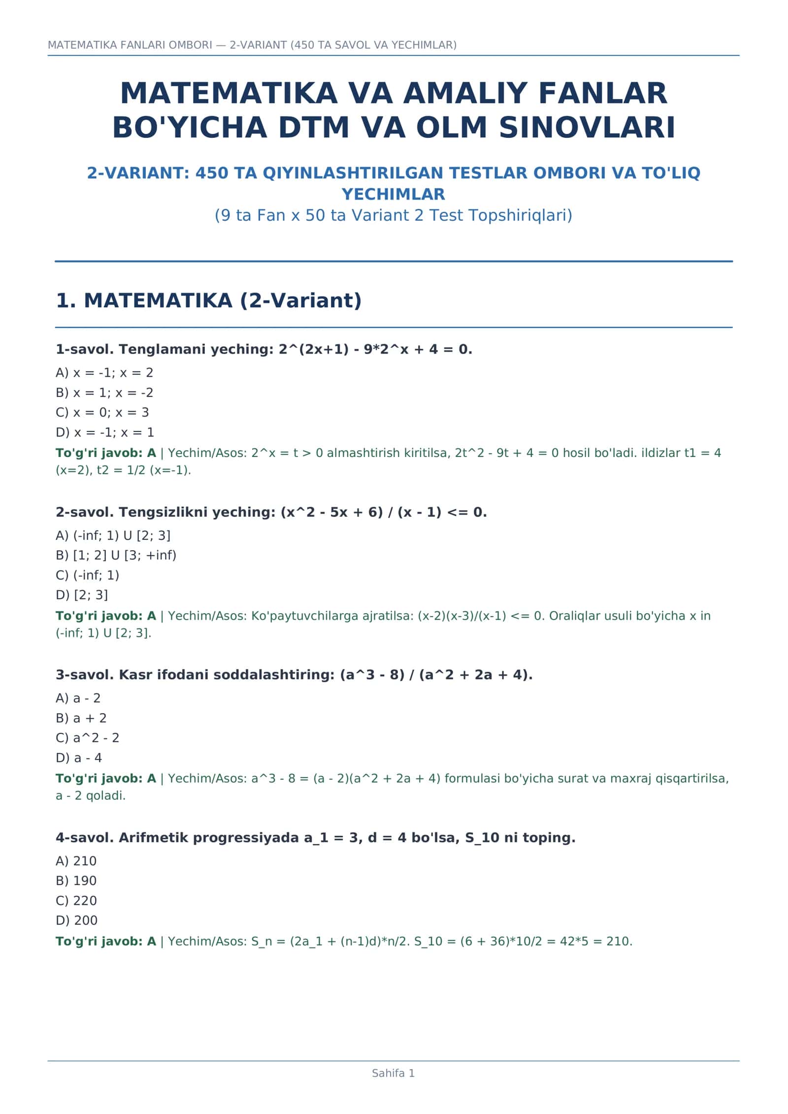 MATEMATIKA FANLARI OMBORI — 2-VARIANT (450 TA SAVOL VA YECHIMLAR)