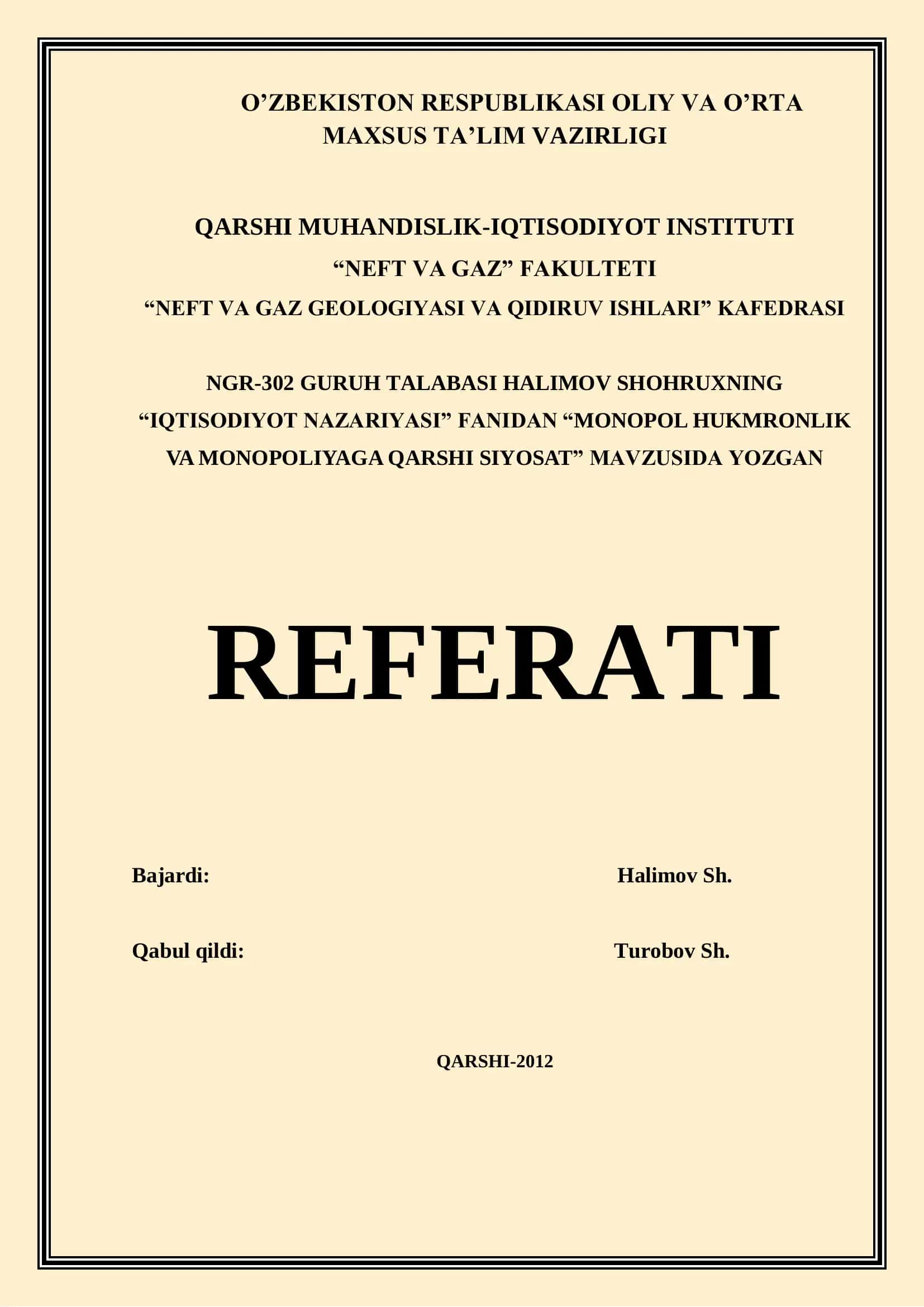 Monopol Hukmronlik va Monopoliyaga Qarshi Siyosat Referati