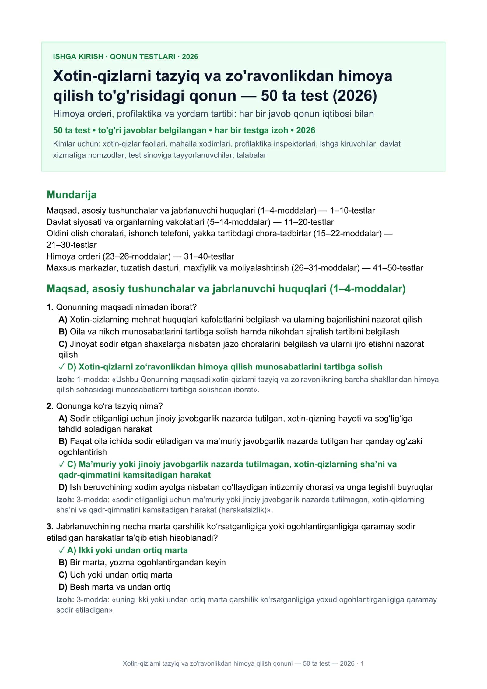 Xotin-qizlarni tazyiq va zo'ravonlikdan himoya qonuni — 50 ta test — 2026