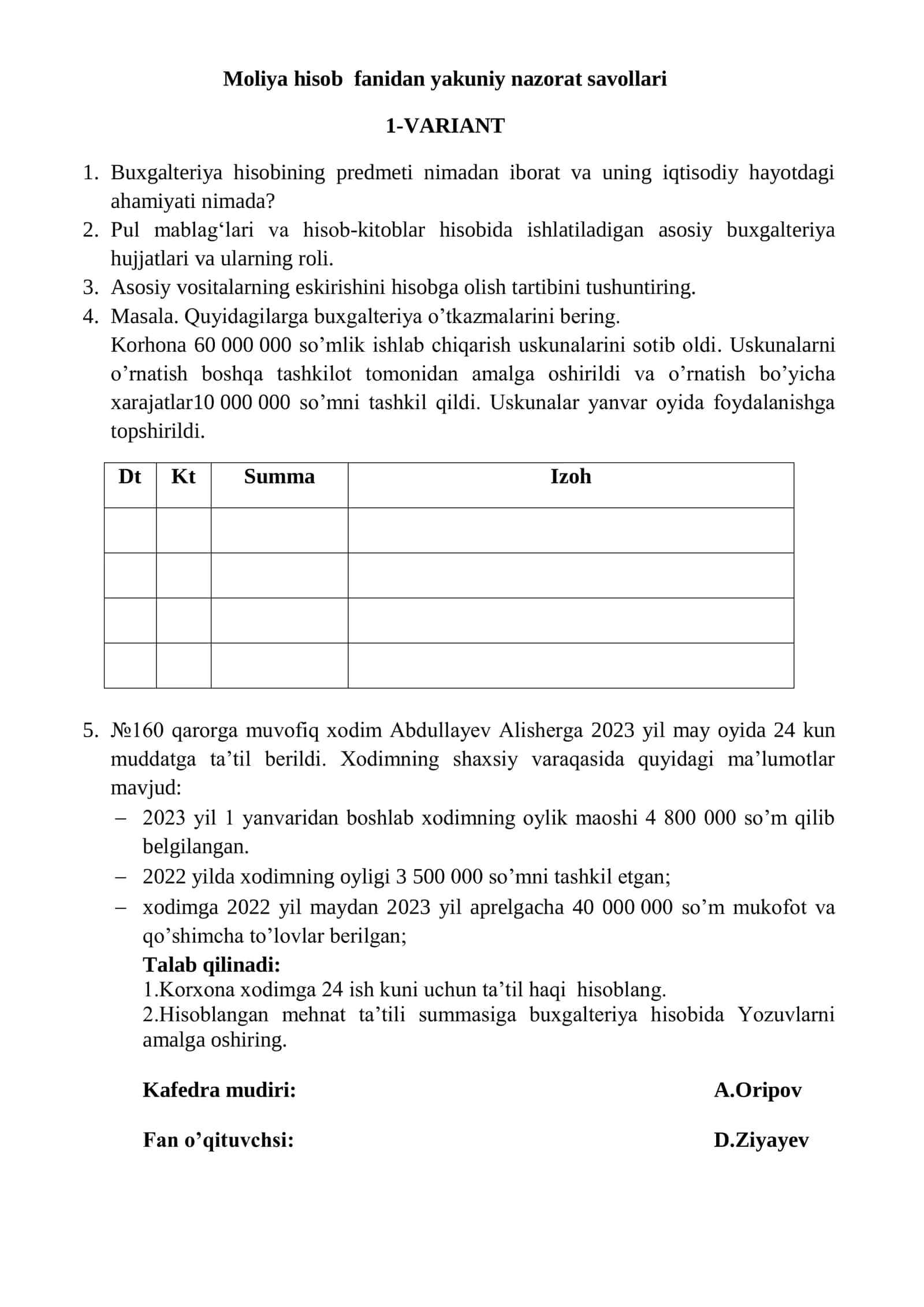 Moliya hisob fanidan yakuniy nazorat savollari 1-VARIANT