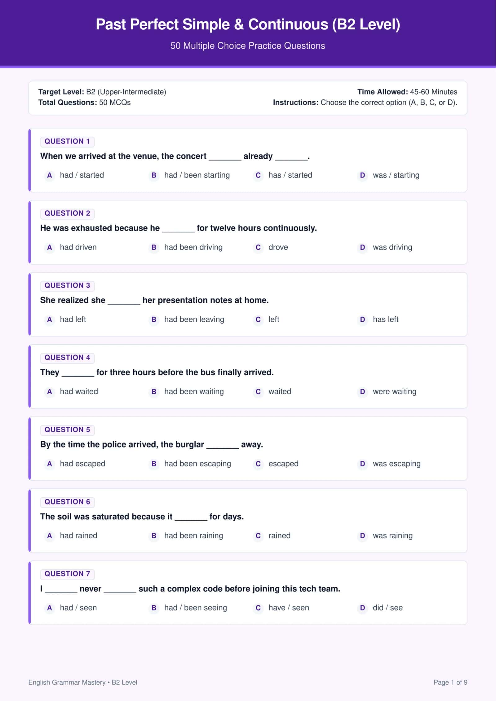 Past Perfect Simple & Past Perfect Continuous (B2 Level) — 50 Ta Test