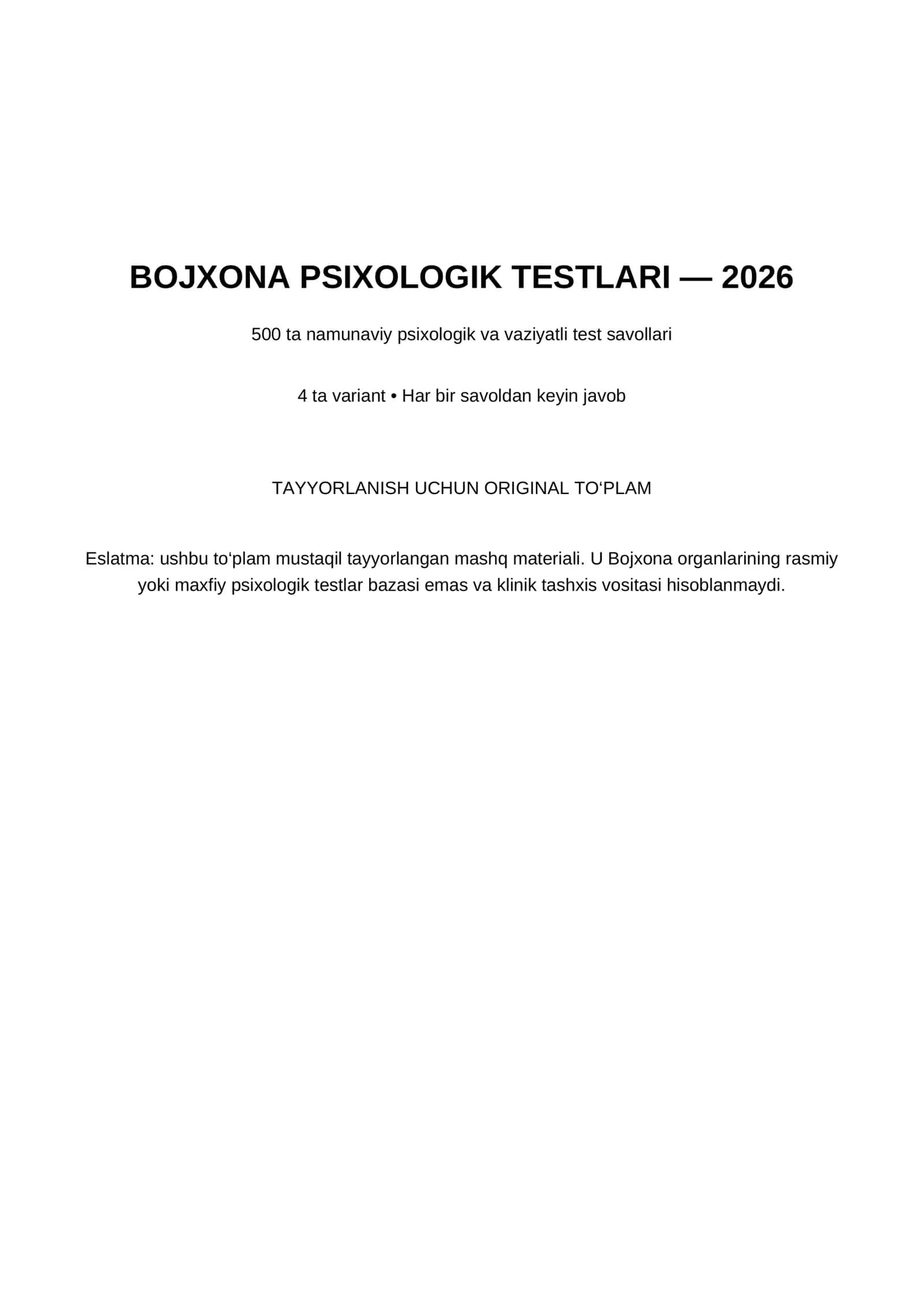BOJXONA PSIXOLOGIK TESTLARI — 2026