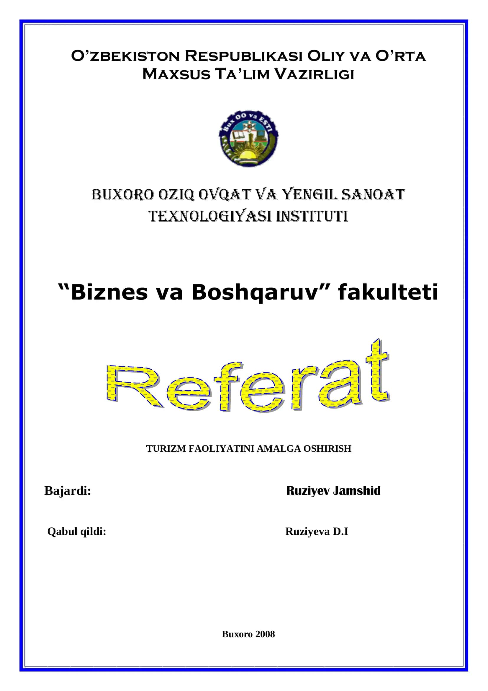 TURIZM FAOLIYATINI AMALGA OSHIRISH